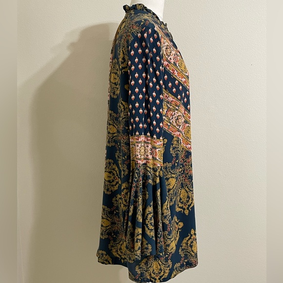 FREE PEOPLE Magic Mystery Blue Gold Coral Print Retro Bell Sleeve Tunic Mini - Picture 8 of 11